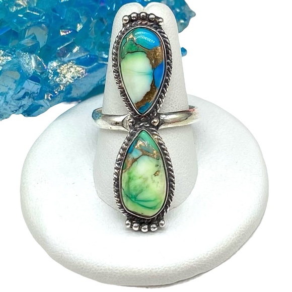 Hand Crafted Jewelry - Peacock Dahlia Kingman Turquoise Ring Size 10.5 Solid 925 Sterling Silver Green